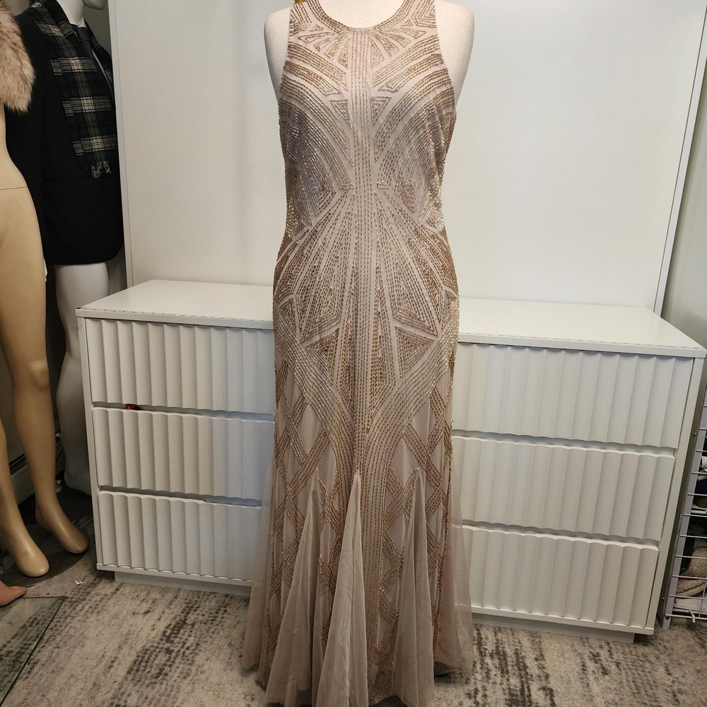 Adrianna Papell Champagne Art Deco Beaded Mesh Maxi Gown Dress Womens 12